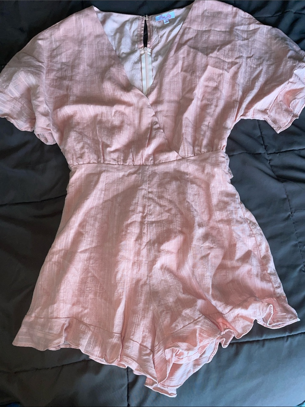 Pink lily,  Light Pink Short-Sleeve Romper with Ruffle Hem